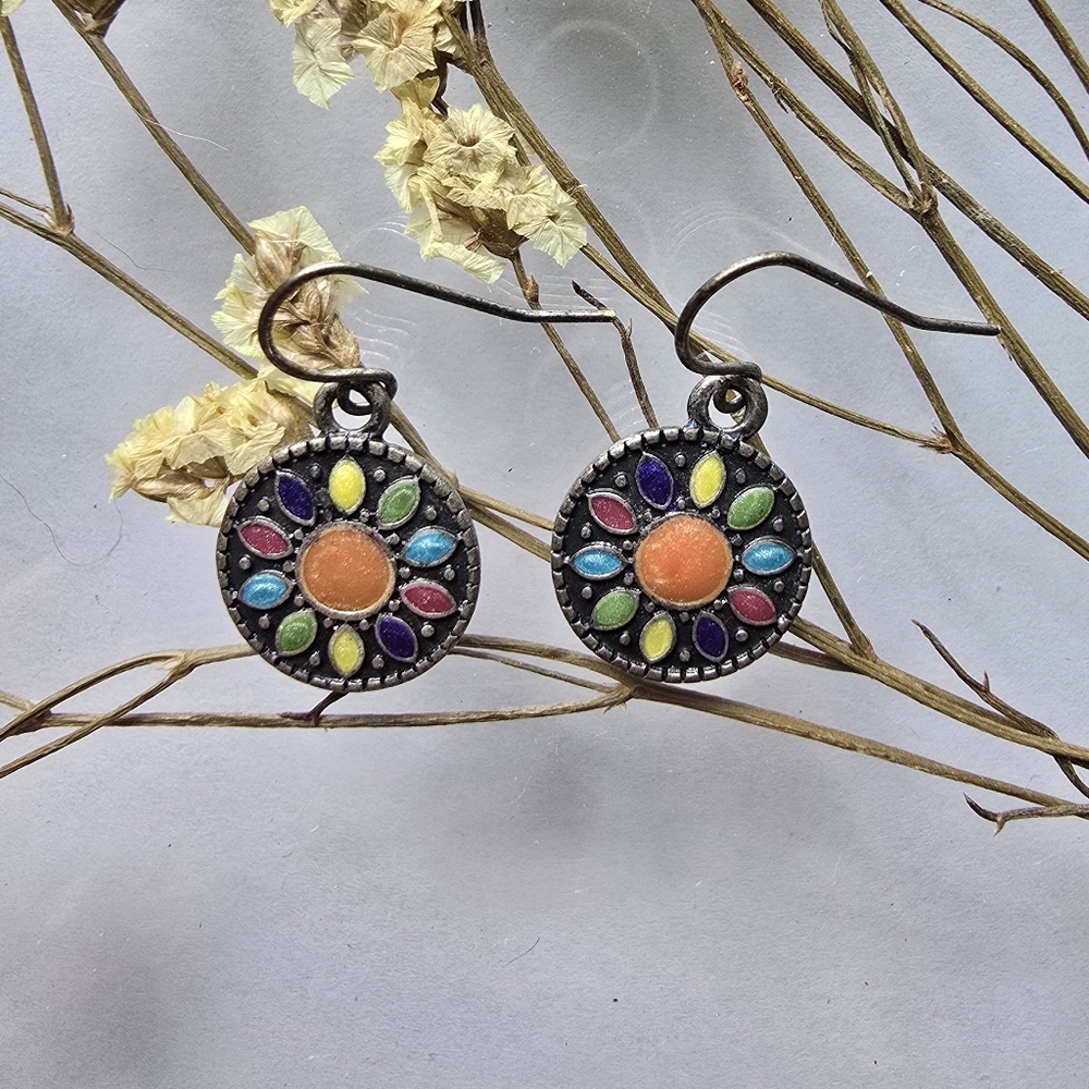 Colorful Floral Mosaic Earrings | Boho Dangle Earrings | Multicolor Enamel Style